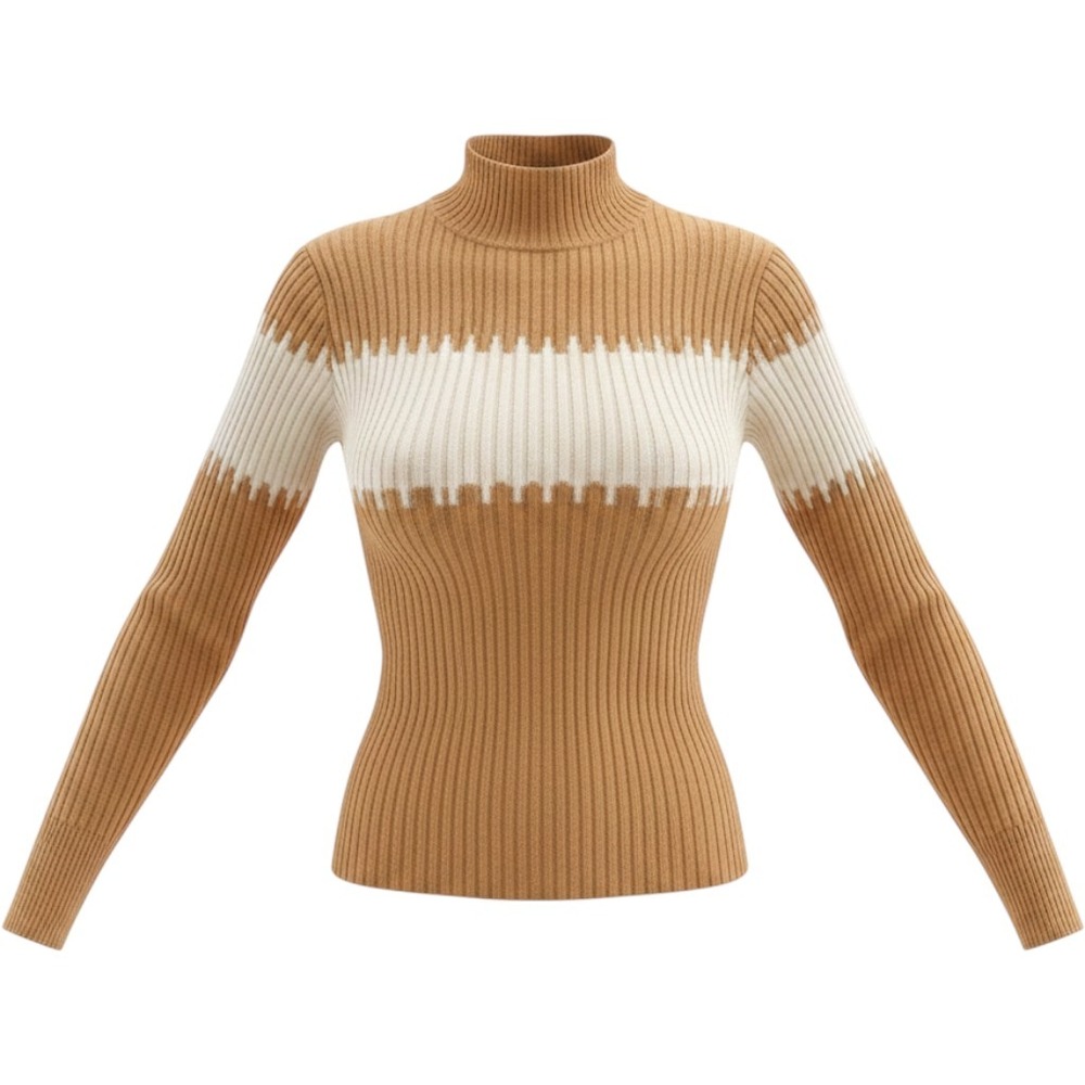 French Connection Womens Ribbed Mock Neck Sweater Tan Cream Geometric Stripe S